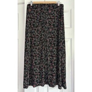 Vintage Y2K Boho Skirt Long Black Floral Bohemian Size L Petite Button Front 34”